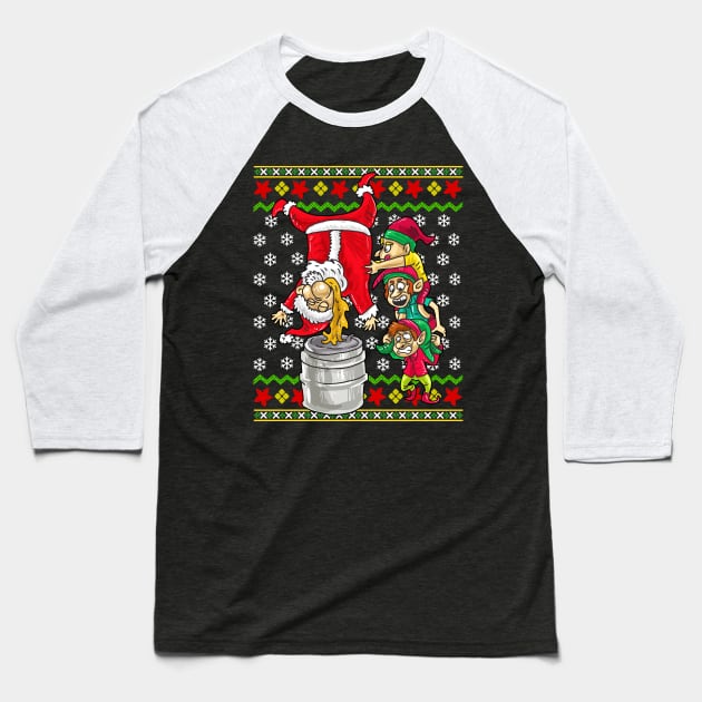 Santa Claus Elf Beer Keg Stand Ugly Christmas Sweater Baseball T-Shirt by E